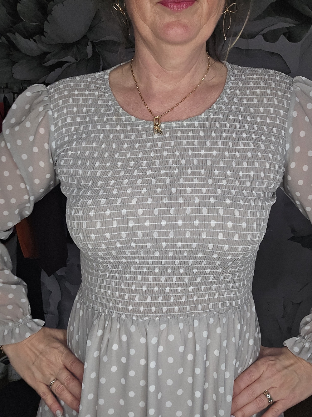 Jilly BOX Light Gray Polka Dot Midi Dress with Sheer Sleeves - Picture 2 of 5